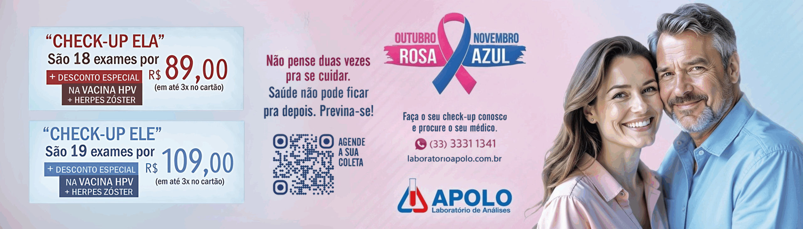 banner laboratório Apolo check-up ela check-up ele outubro rosa novembro azul